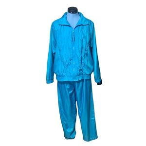 Vintage Track Suit by Active Horizon Turquoise Satiny Fabric with Studs